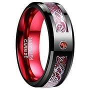 JQUEEN 8mm Tungsten Rings with Celtic Dragon for Unisex Black Red Wedding Band Ring Size 6-16