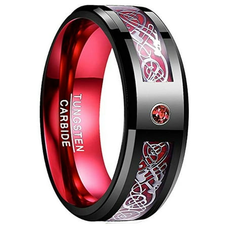 8mm Tungsten Rings with Celtic Dragon for Unisex Black Red Wedding Band Ring Size 6-16