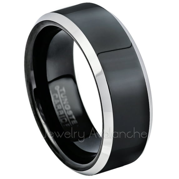 8mm Tungsten Wedding Band - Polished Black Ion Plated and Gunmetal Beveled Edge Comfort Fit Tungsten Carbide Ring - TN119s10