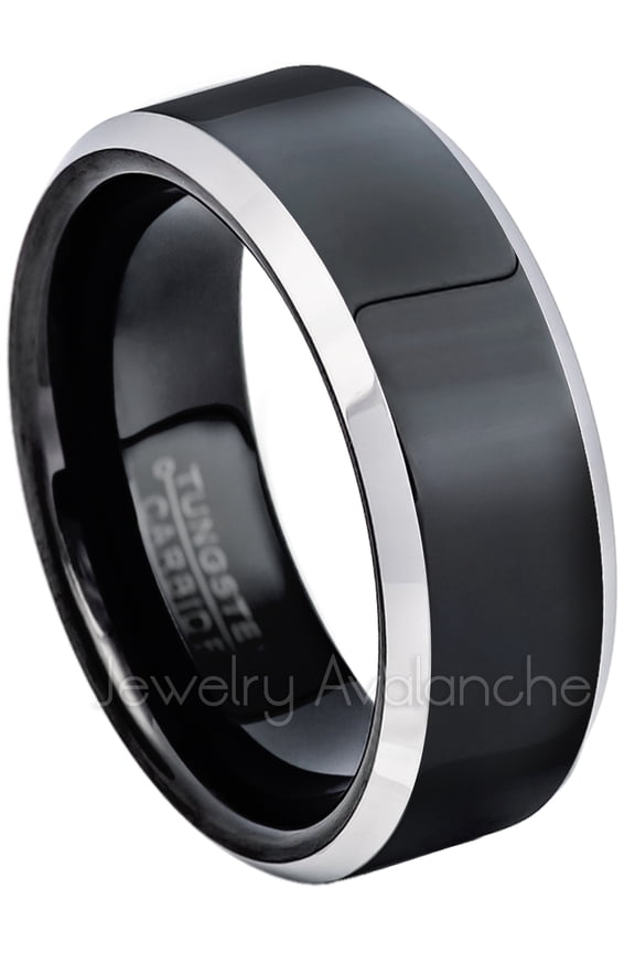 8mm Tungsten Wedding Band - Polished Black Ion Plated and Gunmetal Beveled Edge Comfort Fit Tungsten Carbide Ring - TN119s12
