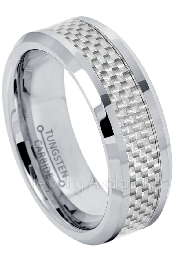 8mm Tungsten Wedding Band - Polished Comfort Fit Beveled Edge Tungsten Carbide Ring with Gray Carbon Fiber Inlay - TN164s10