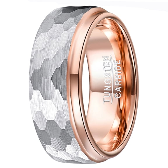 8mm Tungsten Wedding Band Ring Hammered Faceted Brushed Finish Rose Gold Plated Step Edge Size 7-12
