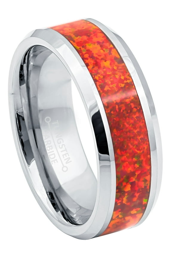 8mm Tungsten Wedding Band - Synthetic Fire Opal Inlay Beveled Edge Comfort Fit Tungsten Ring - TN886WAs9.5