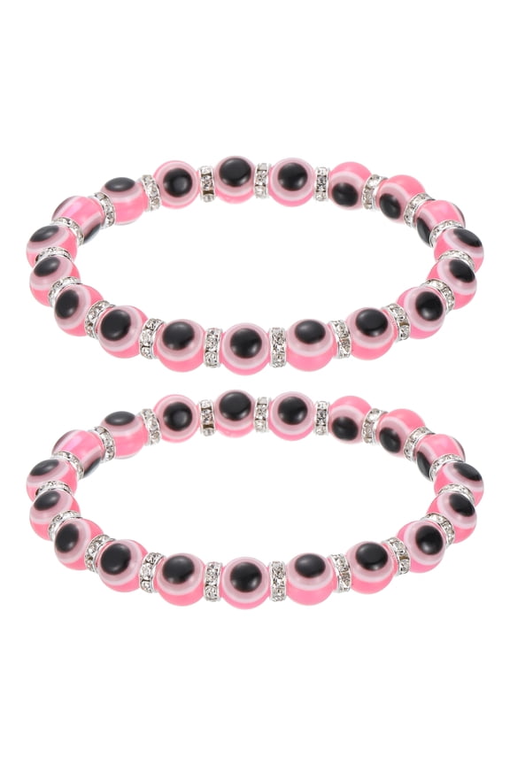 8mm Turkish Evil Eye Bracelets, 2 Pcs Good Luck Protection Beaded Stretch Bracelets Charm for Women Men Stackable Blessing Jewelry (Pink)