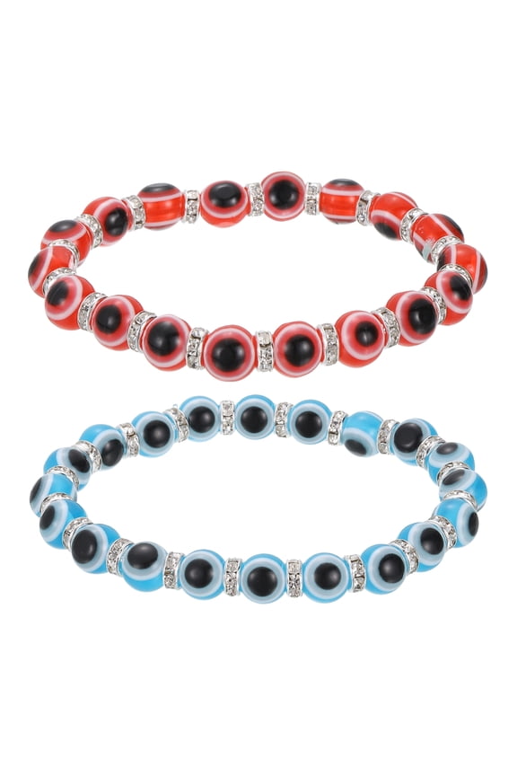 8mm Turkish Evil Eye Bracelets, 2 Pcs Good Luck Protection Beaded Stretch Bracelets Charm for Women Men Stackable Blessing Jewelry (Red/Blue)