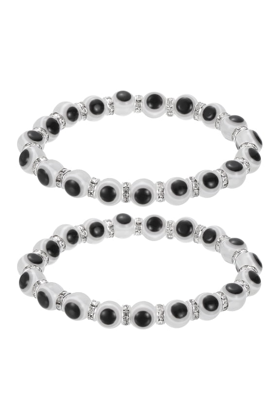 8mm Turkish Evil Eye Bracelets, 2 Pcs Good Luck Protection Beaded Stretch Bracelets Charm for Women Men Stackable Blessing Jewelry (White)