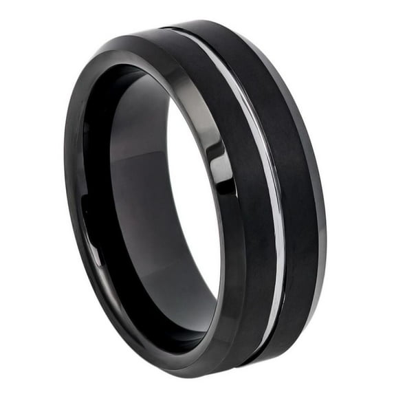 8mm Two-tone Black IP Brushed with Steel Color Grooved Center Beveled Edge Wedding Band Ring For Men Or Ladies