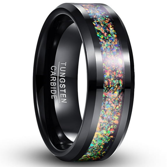 8mm Unisex Black Tungsten Rings Inlaid with Crushed Created-Opal Wedding Engagement Band