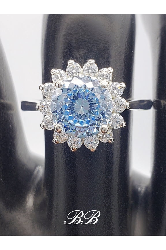 8mm Very Light Blue Portuguese Cut Halo Ring, 5A Quality Cubic Zirconia, 925 Non-Plated Sterling Silver