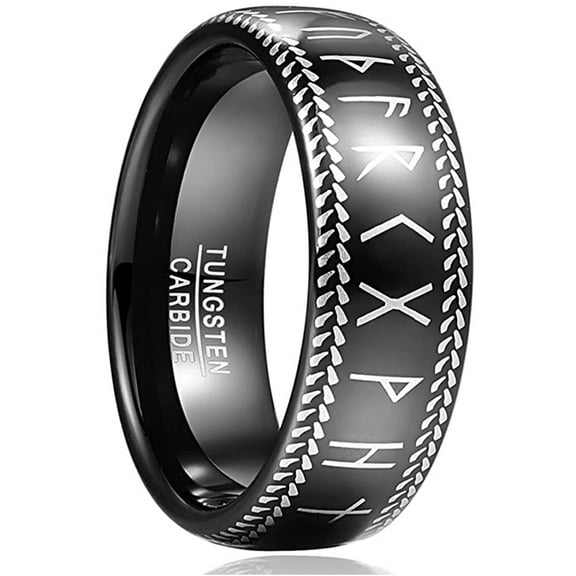 8mm Viking Rings for Men Black Mens Tungsten Carbide Ring Wedding Band Dome Norse Rune Ring Comfort Fit Size 7-12