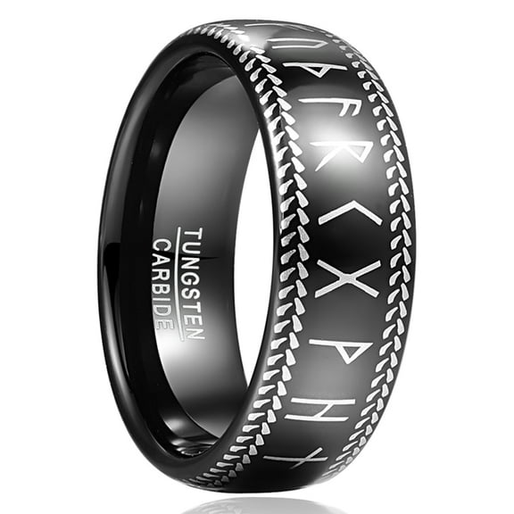 8mm Viking Rings for Men Black Mens Tungsten Carbide Ring Wedding Band Dome Norse Rune Ring