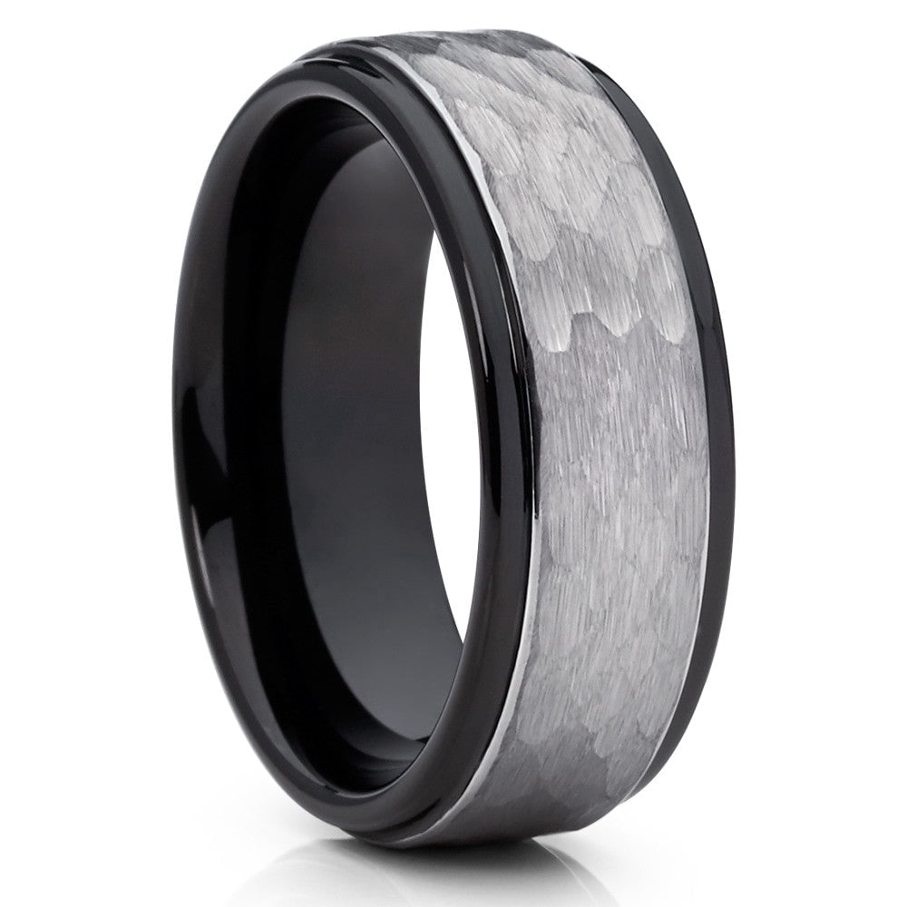 OVIEDO JEWELRY Galaxy Opal Tungsten Ring - 8mm Black Hammered Wedding Band, Comfort Fit, Unisex