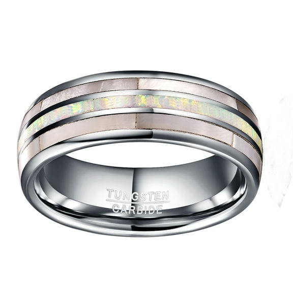 8mm White Dome Tungsten Wedding Band Ring for Men Inlaid Shell+ White Opal