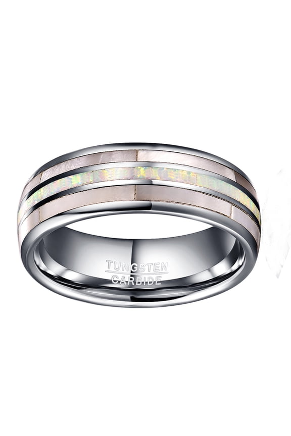 8mm White Dome Tungsten Wedding Band Ring for Men Inlaid Shell+ White Opal