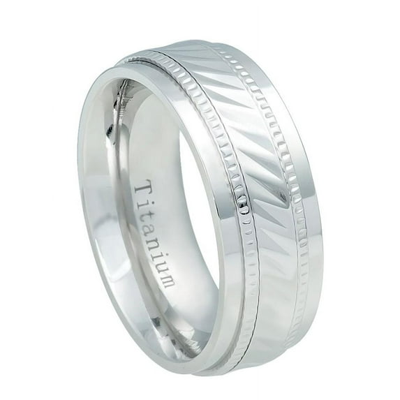 8mm White Titanium Milgrain Step Edge Wave Pattern Center Wedding Band Ring For Men Or Ladies