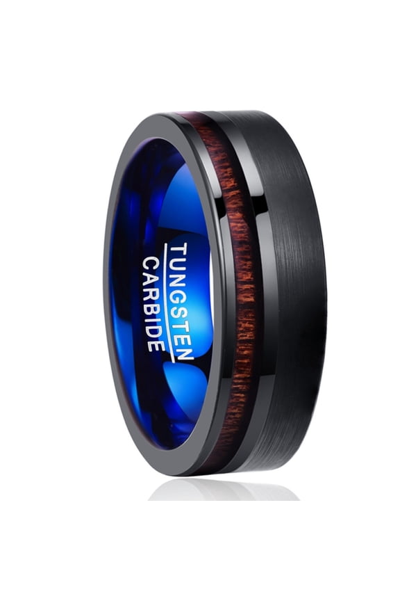 8mm Wide Black Blue with Acacia Wood Half Matte Men's Tungsten Steel Ring