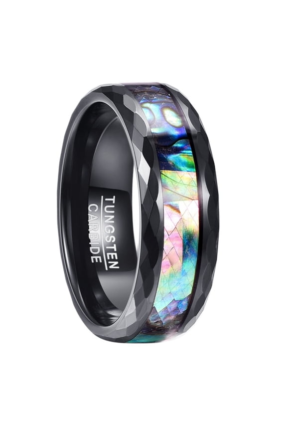8mm Wide Black Faceted Abalone Shell Men's Tungsten Steel Ring