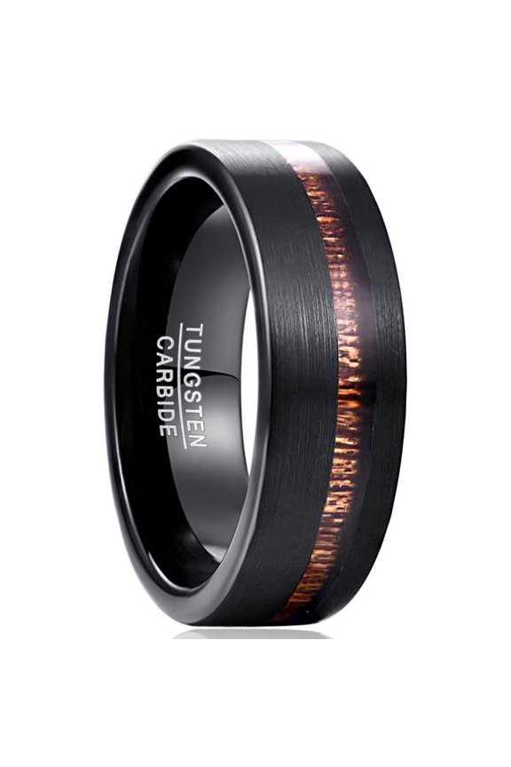 8mm Wide Black Matte Surface Inlaid Acacia Wood Men's Tungsten Steel Ring