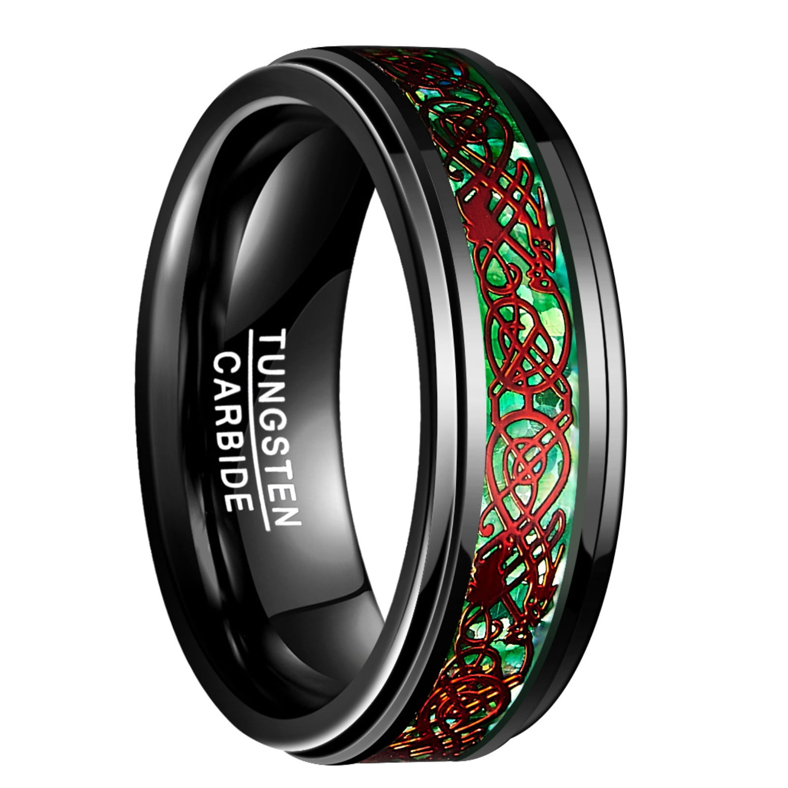 8mm Wide Black Polished Step Surface with Green Background Red Dragon ...