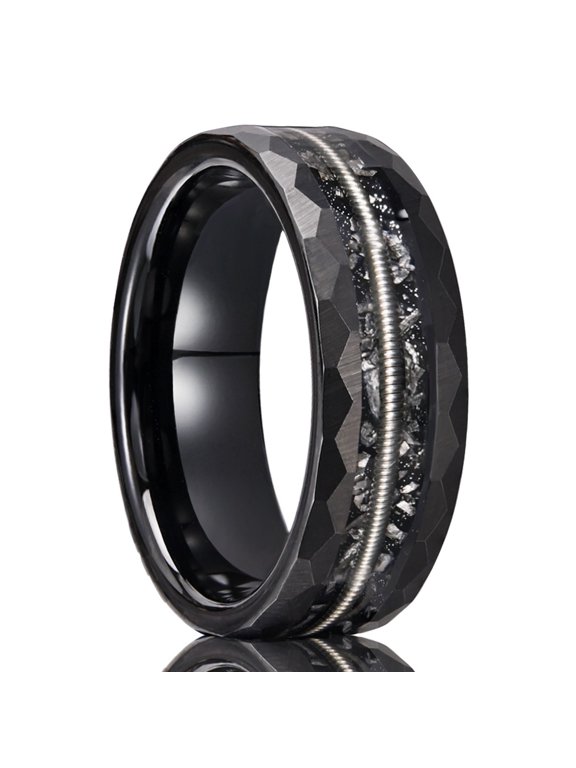 8mm Wide Black Tungsten Steel Guitar String Natural Stone Ring