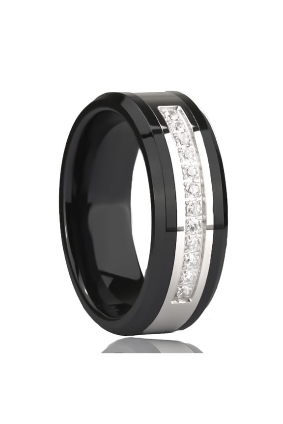 8mm Wide Black Tungsten Steel Ring Zirconia Ceramic Diamond Combination Men's Ring