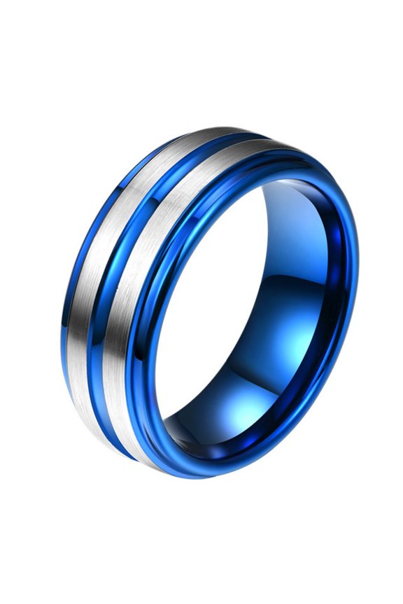 8mm Wide Contrasting Color Blue and White Double Circle Unisex Personalized Tungsten Steel Ring Jewelry