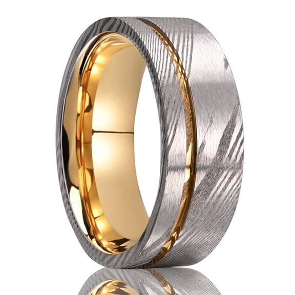 8mm Wide Damascus Steel Ring Electric Gold Men's Ring