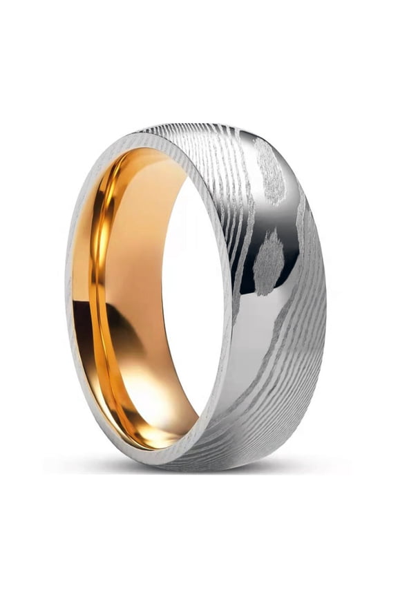 8mm Wide Damascus Steel Ring Electroplated Rose Gold Men's Ring