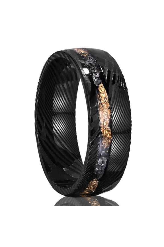 8mm Wide Damascus Steel Ring with Black Meteorite Inlay and Gold Foil Men's Ring