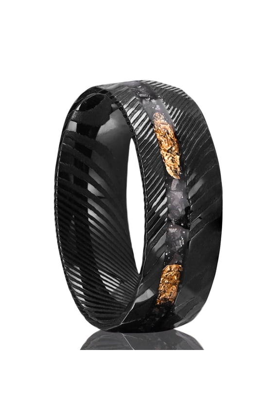 8mm Wide Damascus Steel Ring with Engraved Pattern Black Meteorite Inlay and Gold Foil Men's Ring