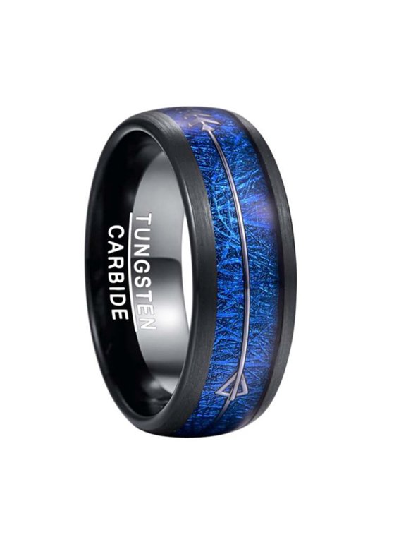 8mm Wide Dome Black Inlaid Blue Natural Stone Silver Arrow-shaped Metal Sheet Men's Tungsten Steel Ring
