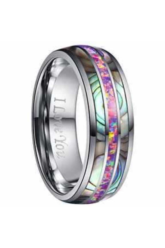 8mm Wide Dome Steel Color Inlaid with Two Abalone Shells Purple Tungsten Steel Ring