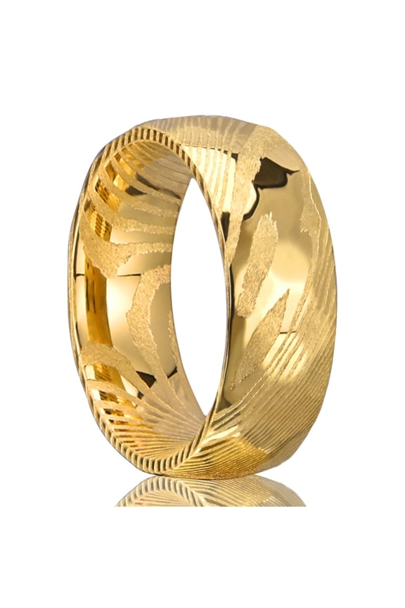 8mm Wide Gold Damascus Steel Ring Curved Men's Ring