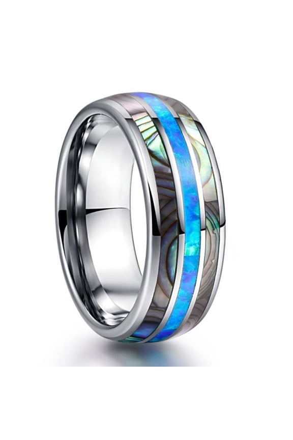 8mm Wide Polished Dome Three-slot Inlaid Opal Abalone Shell Men Tungsten Steel Ring