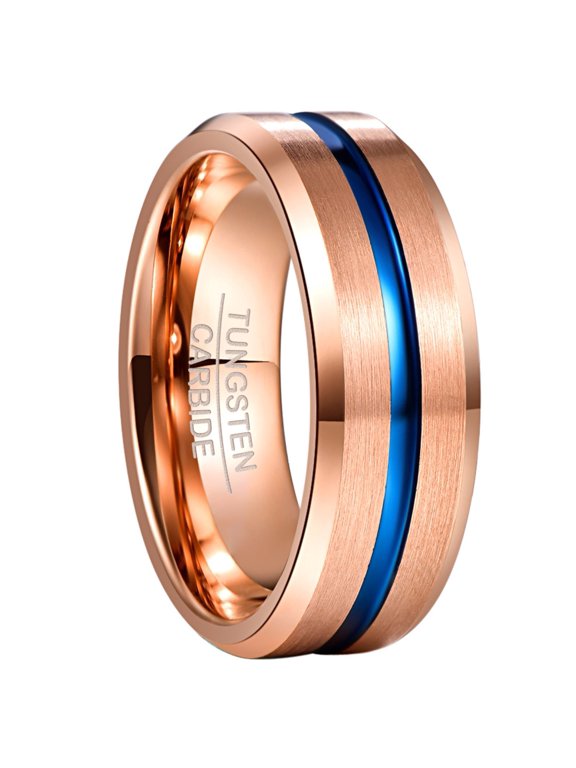 8mm Wide Rose Gold Blue Slotted Bevel Tungsten Steel Ring Men's Tungsten Steel Ring
