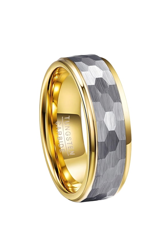 8mm Wide Silver-gray Frosted Hexagon Patterned Tungsten Carbide Ring with Gold Inner Band for Men
