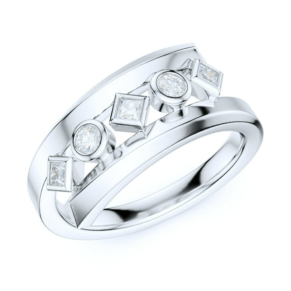 8mm Wide Solid Sterling Silver Five Stone Split Twisted Shank Bezel Set Simulated Round and Princess Diamonds Ring Wedding Band (11.5)