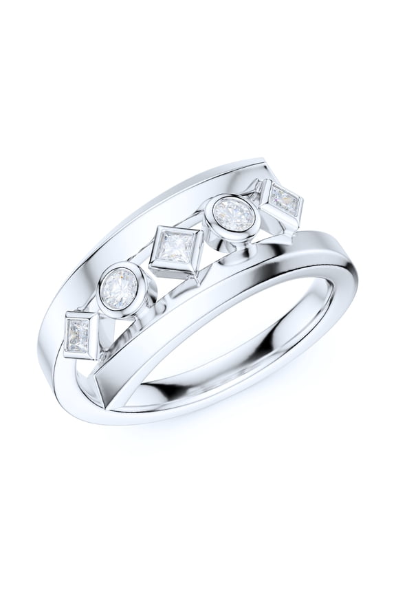 8mm Wide Solid Sterling Silver Five Stone Split Twisted Shank Bezel Set Simulated Round and Princess Diamonds Ring Wedding Band (6)