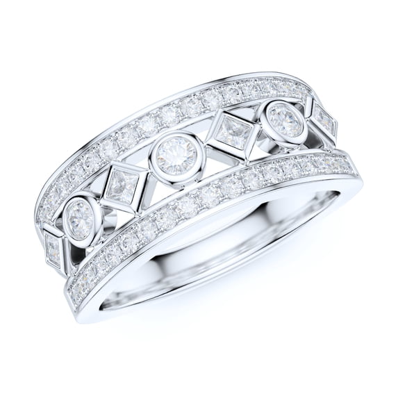 8mm Wide Solid Sterling Silver Paved Split Shank Simulated Round and Princess Diamonds Bezel Set Ring Wedding Band (12.5)