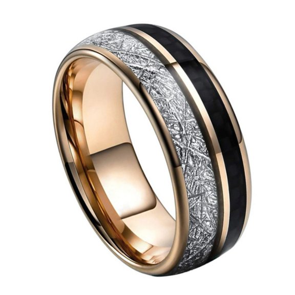 8mm Wide Spherical Tungsten Gold Ring with Meteorite Carbon Fiber 24K Rose Gold Plating