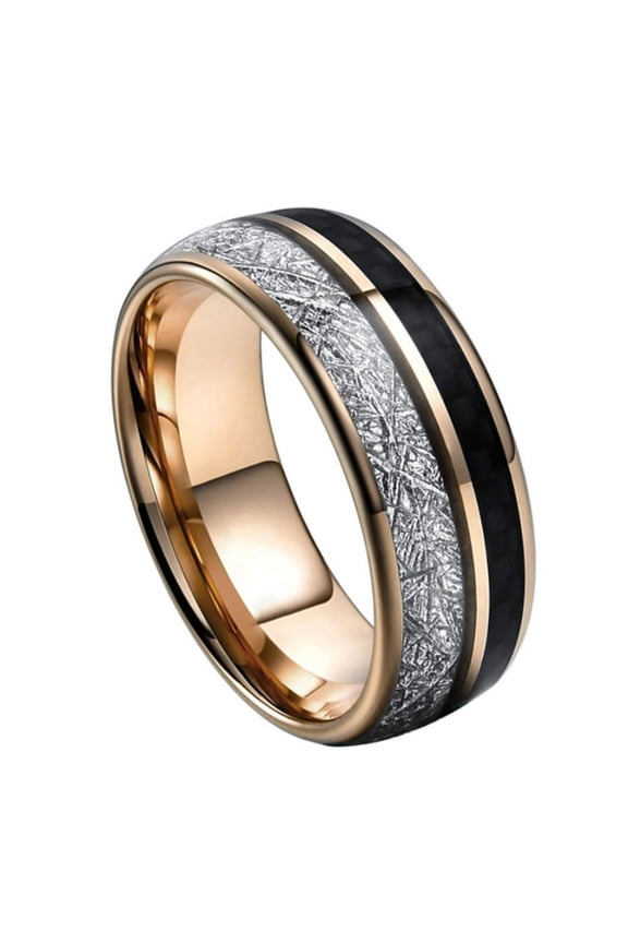 8mm Wide Spherical Tungsten Gold Ring with Meteorite Carbon Fiber 24K Rose Gold Plating