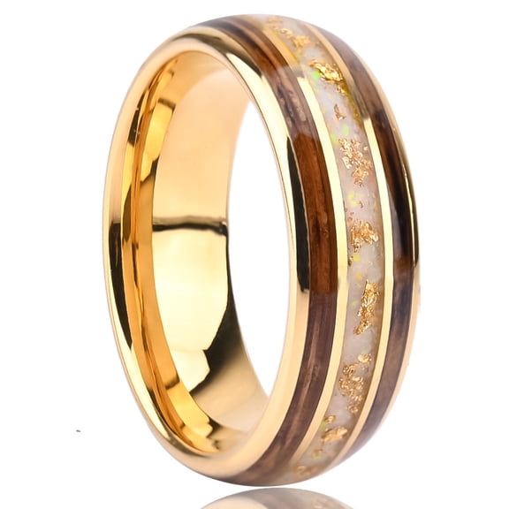 8mm Wide Spherical Tungsten Steel Men's Ring Electroplated 18K Gold Inlaid with Opal Gold Foil and Hawaiian Wood