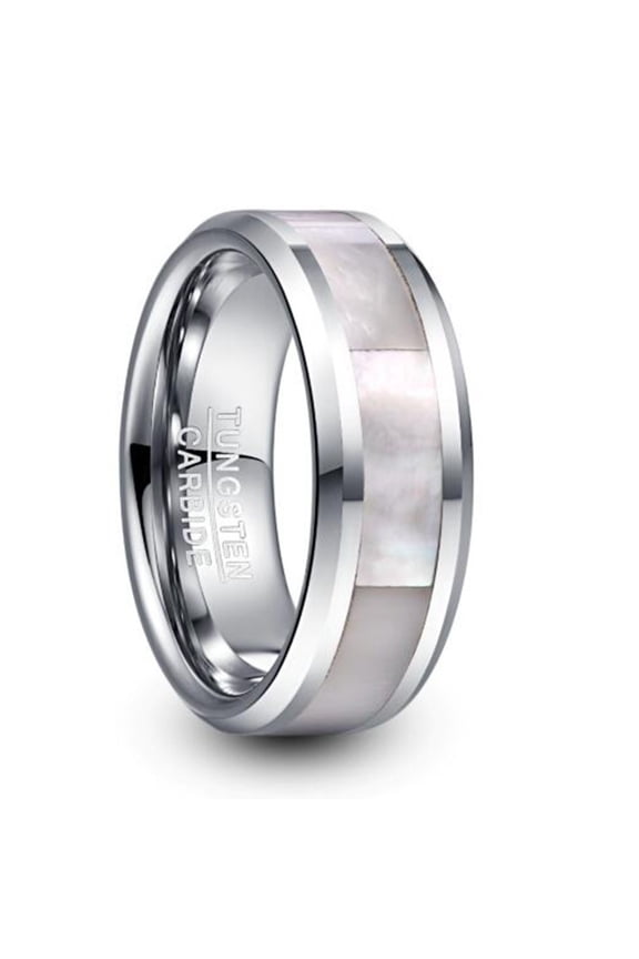 8mm Wide Steel-colored Tungsten Carbide Ring with White Mother-of-pearl Inlay