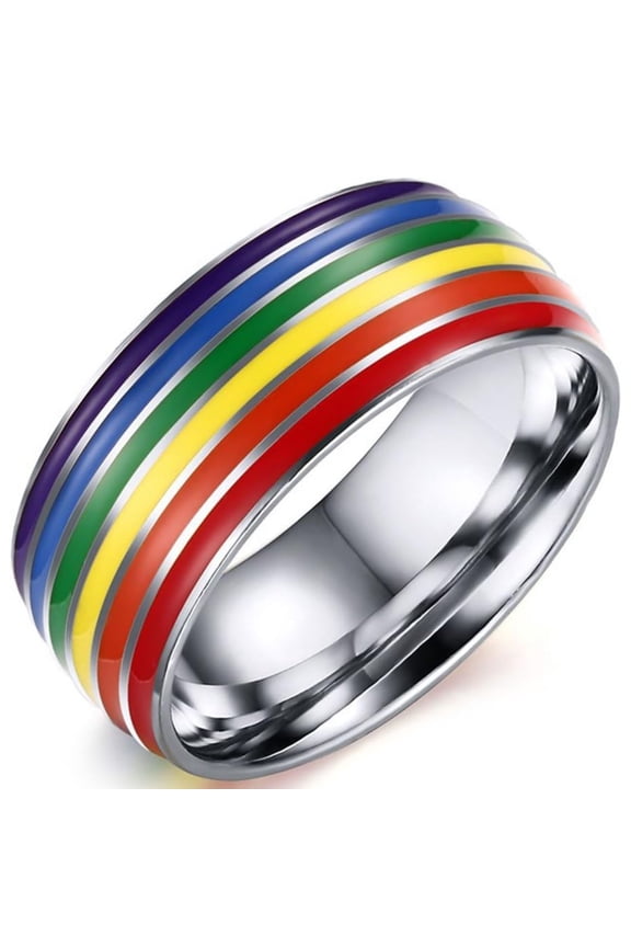 8mm Wide Titanium Stainless Steel Rainbow Enamel Gay Lesbian Wedding Engagement Promise Band LGBT Pride Ring