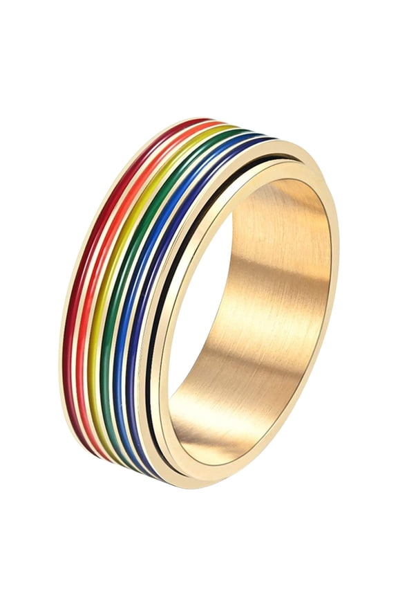 8mm Wide Titanium Stainless Steel Rainbow Gay Lesbian Wedding Engagement Band LGBT Pride Rotatable Gold Ring