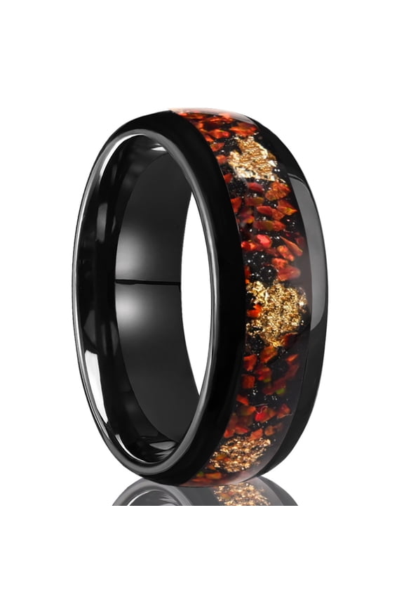 8mm Wide Tungsten Carbide Black Ring with Red Opal and Gold Foil Inlay Tungsten Couple Ring