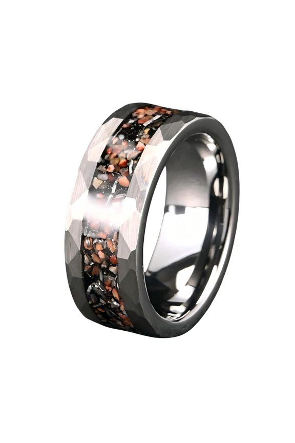 8mm Wide Tungsten Carbide Flat Edge Hammered Inlay Meteorite Tungsten Ring