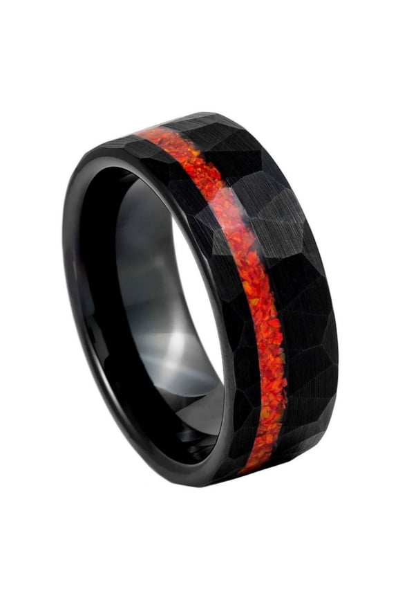 8mm Wide Tungsten Carbide Hammered Black Ring with Red Opal Inlay