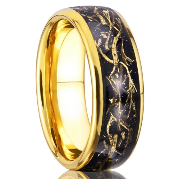 8mm Wide Tungsten Carbide Ring Gold Plated Men's Ring with Copper Wire Inlay and Black Sandstone Accent