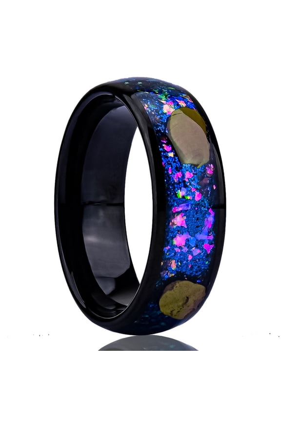 8mm Wide Tungsten Steel Curved Surface Plate Black with Purple Galaxy Tiger Eye Stone Tungsten Gold Ring